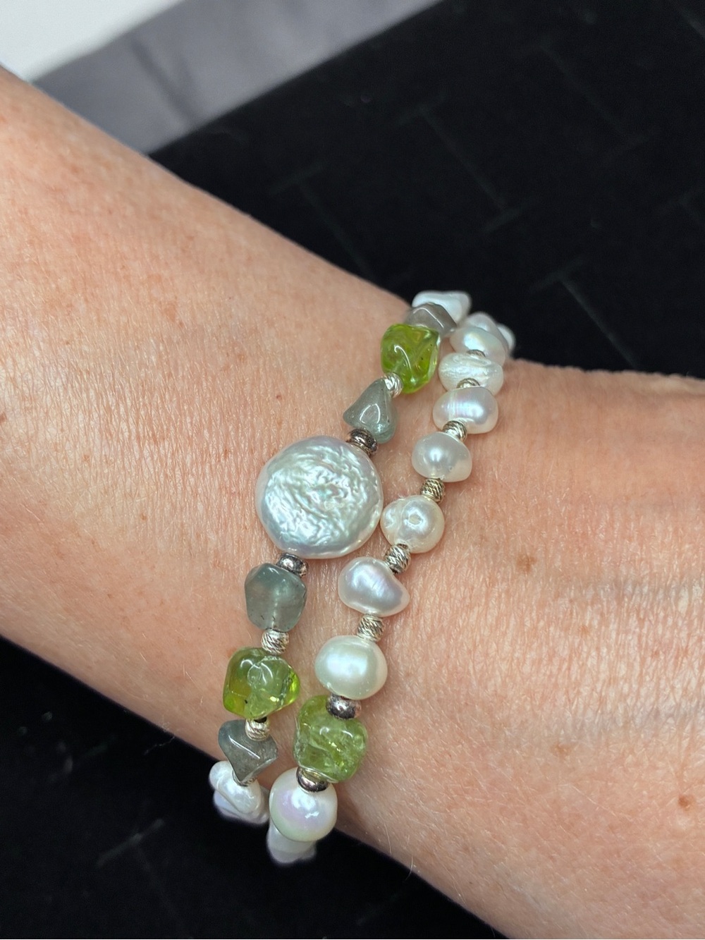 Silpada Freshwater Pearl & Peridot Double Strand Bracelet - Green and White